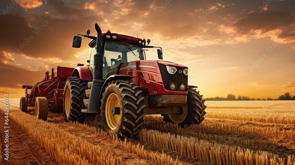 Image of warm shades of a rustic field at sunset with a tractor. Image of warm shades of a rustic field at sunset with a tractor.