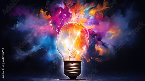 Image of a light bulb exploding with a colorful explosion of paint on the background.