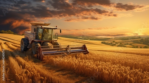 Image of warm shades of a rustic field at sunset with a tractor.