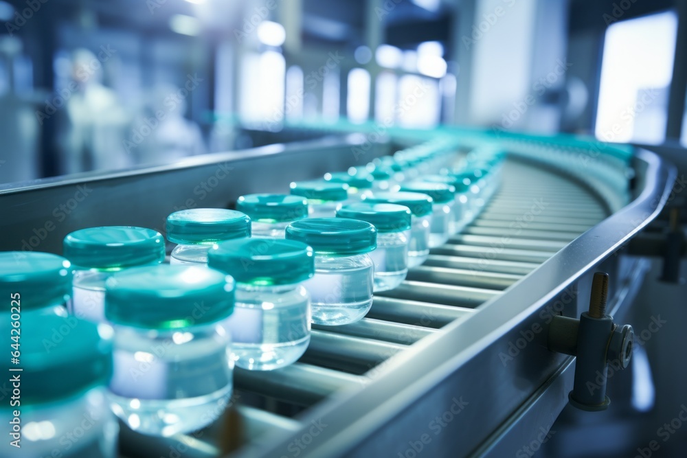 Conveyor for the production of medicines in a research laboratory. Background with selective focus Conveyor for the production of medicines in a research laboratory. Background with selective focus