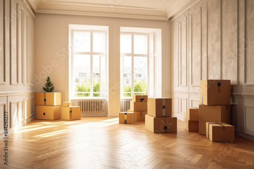 moving in. Stack of cardboard boxes in the empty room. bright apartment, white walls. delivery of goods to a new home © Svetlana