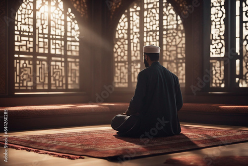 Muslim man sitting on prayer mat in mosque