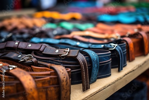 Leather belts and colored bags in flea market