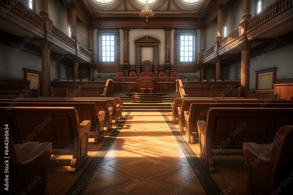 Perspective view of a jury chair in a courtroom. Generative AI