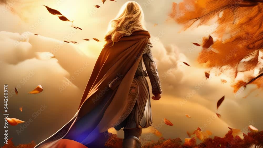 A brave Rune Knight stands tall atop a hill her back facing the ...