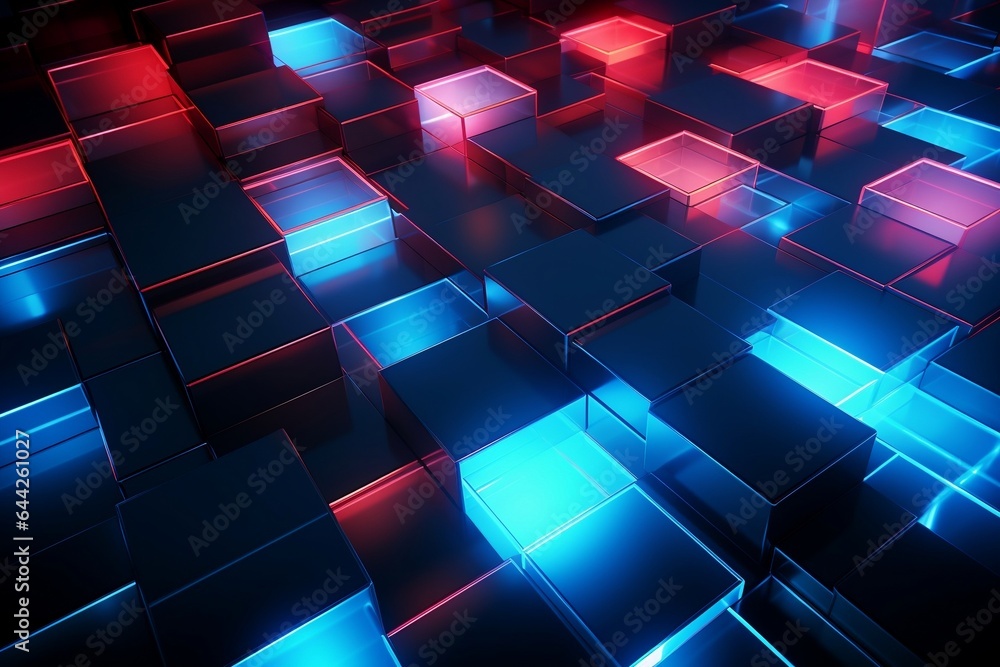Abstract red and blue 3d cube on the technological background. Mesmerizing blue line pattern on abstract background reflects modern technology. Abstract red and blue 3d cube on the technological background. Mesmerizing blue line pattern on abstract background reflects modern technology.