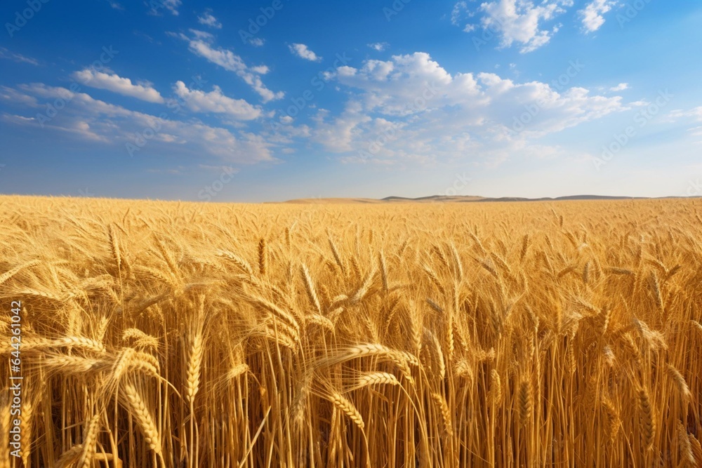 Late summer golden wheat field with blue sky backdrop. Generative AI