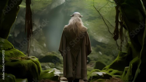 Against the backdrop of nature a solitary figure stands cloaked in green robes. Two ram heads protrude from the edges of the hood a sign of the persons connection to their