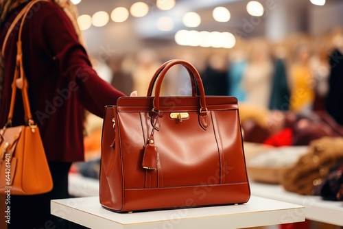 The female hand chooses a leather bag in a department store. High quality photo