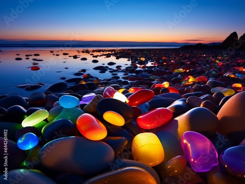 Colorful glowing stone at beach sunset, with pebbles, sand, and a serene ocean.