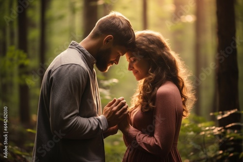 a standing couple aged 30 praying in the forest