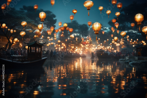 Traditional Chinese lanterns lighting up the night sky during a lantern festival, symbolizing the rich cultural heritage of China. Generative Ai.