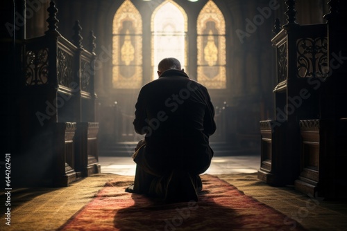 a kneeling male aged 65 praying in a church