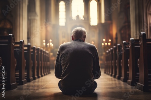 Capturing a moment: a seated male aged 65 praying in a church