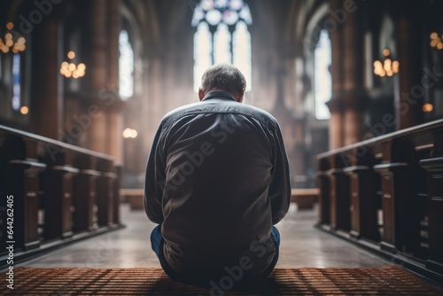 Expressive shot: a seated male aged 65 praying in a church