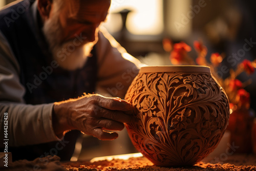 A close-up of a person's hand sculpting intricate patterns on a ceramic vase in Turkey, showcasing the country's rich history of pottery. Generative Ai.