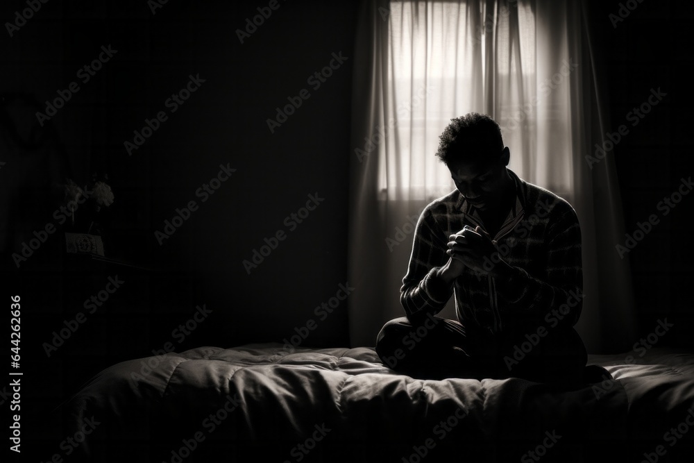 Intimate portrayal of a kneeling male aged 20 praying in his bed