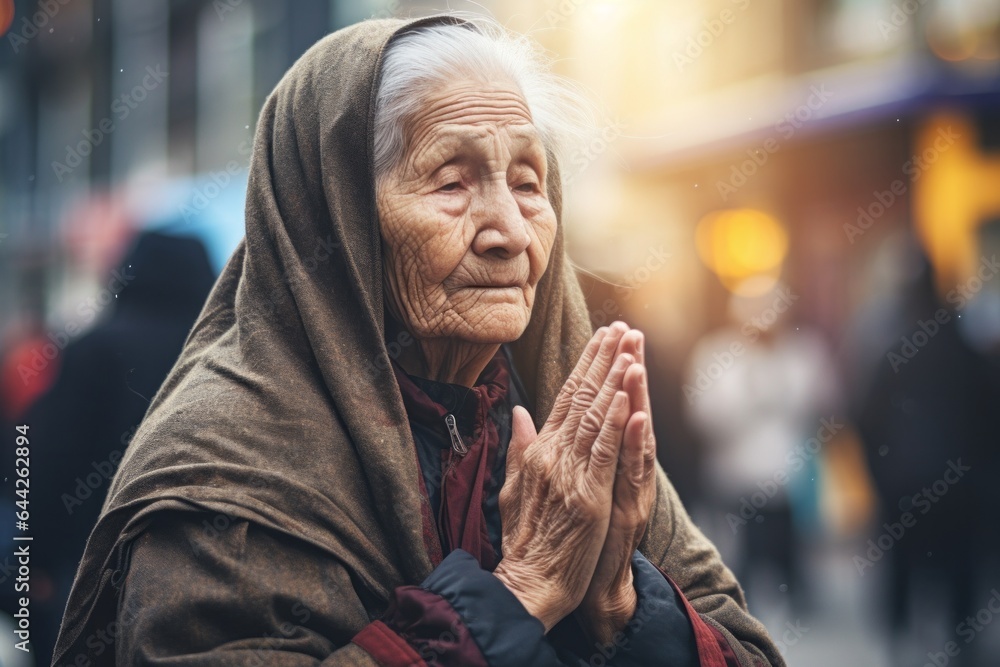Intimate portrayal of a standing female aged 80 praying in the street, appearing homeless Intimate portrayal of a standing female aged 80 praying in the street, appearing homeless
