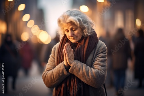 Intimate portrayal of a standing female aged 50 praying in the street