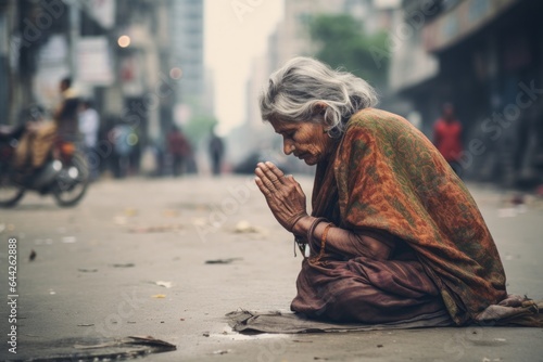 Intimate portrayal of a kneeling female aged 65 praying in the street, appearing homeless