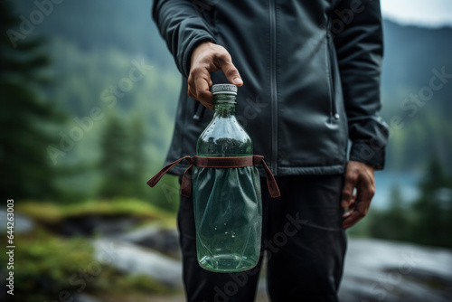 A person holding a reusable water bottle and a cloth bag, showcasing their commitment to reducing single-use plastics. Generative Ai.