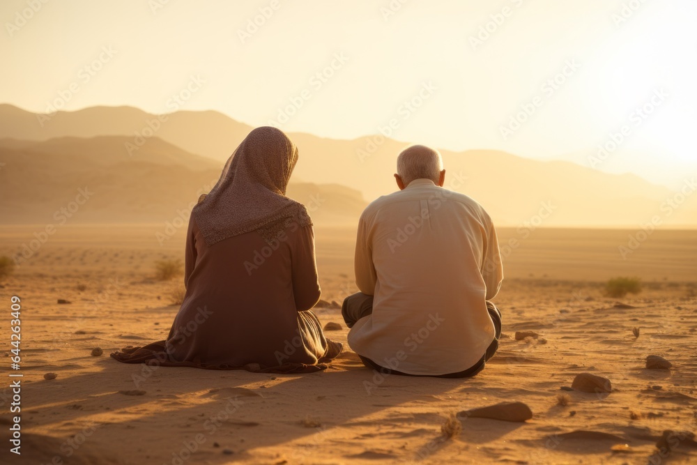 Emotive image of a seated couple aged 65 praying in the desert Emotive image of a seated couple aged 65 praying in the desert