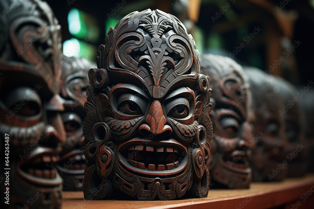 Traditional Maori carvings and artwork in New Zealand, illustrating the cultural identity and heritage of the indigenous Maori people. Generative Ai.