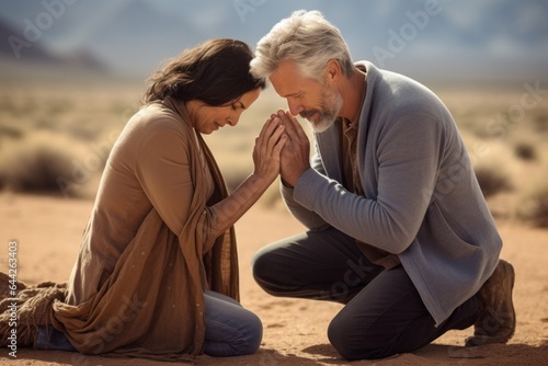 Emotive image of a kneeling couple aged 50 praying in the desert