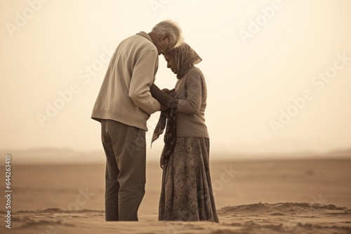 Intimate portrayal of a standing couple aged 65 praying in the desert