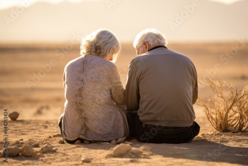 a seated couple aged 80 praying in the desert