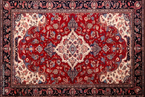 Iranian rug with detailed floral pattern in red, navy, and cream. Generative AI
