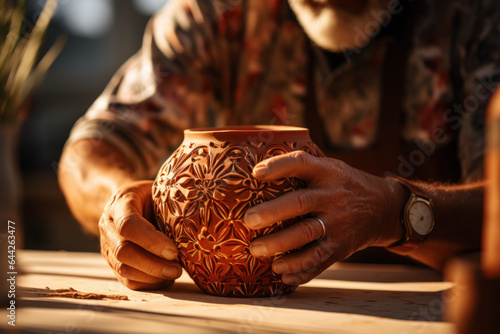 A close-up of a person's hand sculpting intricate patterns on a ceramic vase in Turkey, showcasing the country's rich history of pottery. Generative Ai.