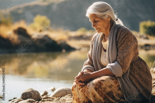 Intimate portrayal of a seated female aged 80 praying near a river