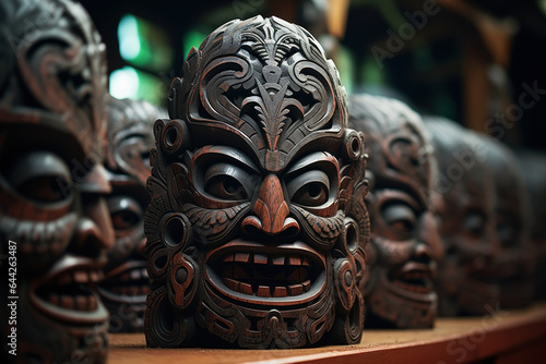 Traditional Maori carvings and artwork in New Zealand, illustrating the cultural identity and heritage of the indigenous Maori people. Generative Ai. © Sebastian
