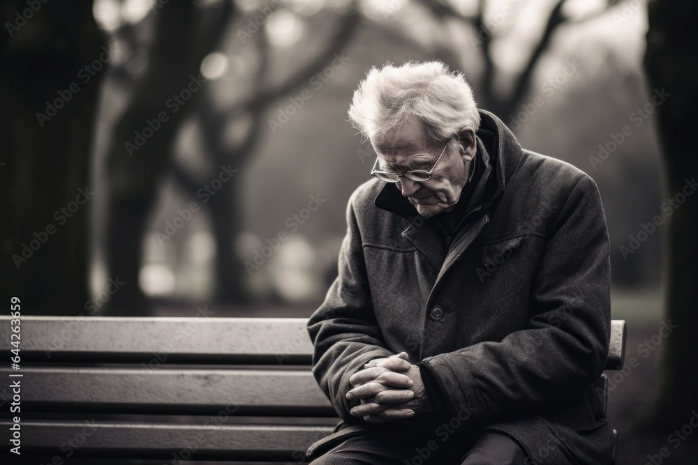 black and white photography Capturing a moment: a standing male aged 80 praying on a bench in a public park