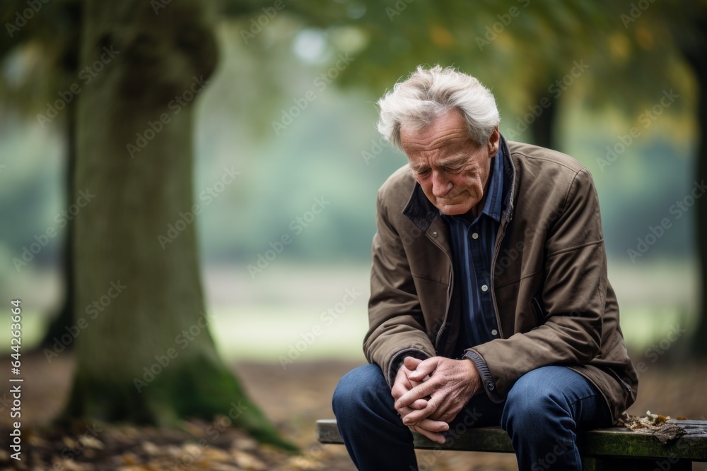 a seated male aged 65 praying on a bench in a public park a seated male aged 65 praying on a bench in a public park