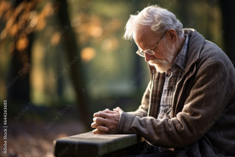 a seated male aged 80 praying on a bench in a public park a seated male aged 80 praying on a bench in a public park