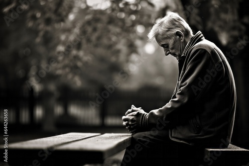 black and white Emotive image of a standing male aged 80 praying on a bench in a public park