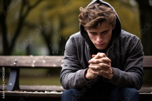 Capturing a moment: a seated male aged 20 praying on a bench in a public park