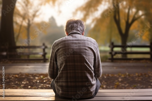 a kneeling male aged 50 praying on a bench in a public park © Nicols