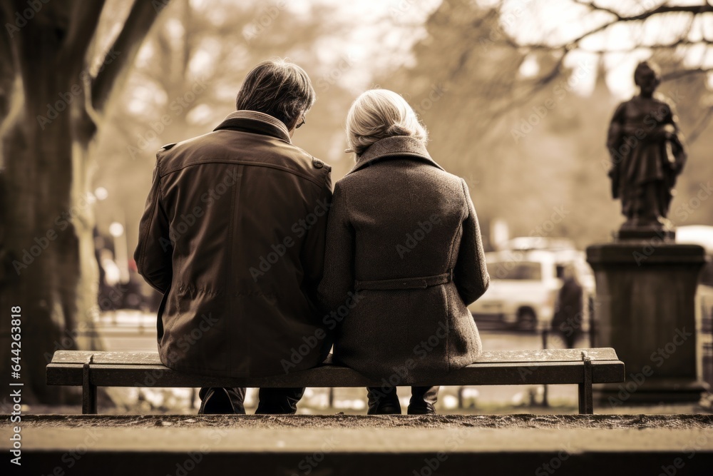 Expressive shot: a kneeling couple aged 65 praying on a bench in a public park Expressive shot: a kneeling couple aged 65 praying on a bench in a public park