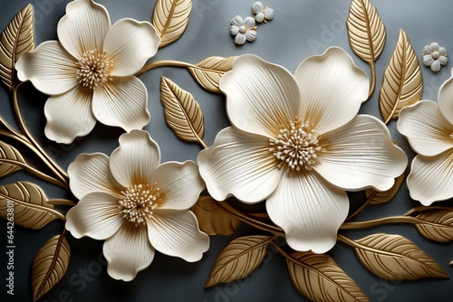 Embossed golden flower decoration on European-style 3D stereo wallpaper with rich 3D illustration. Generative AI