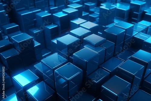 Modern blue cubes  arranged into sleek tech wallpaper. 3D rendering. Generative AI