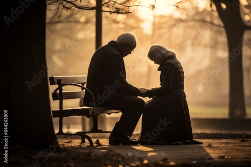 Intimate portrayal of a kneeling couple aged 80 praying on a bench in a public park