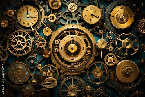 Collage of metallic clockwork gears. Generative AI