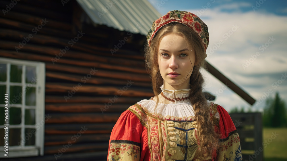 Fototapeta premium Generative AI, beautiful girl, young woman in traditional Slavic dress, Russian sundress, wooden village house, country life, portrait of a Russian girl, big eyes