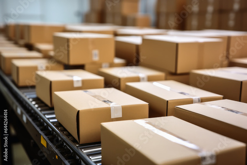 Conveyor belt close up with many boxes passing.