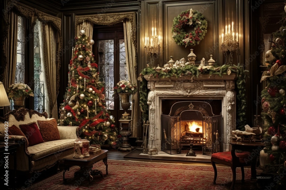 Traditional Victorian living room adorned with festive Christmas decorations. Generative AI