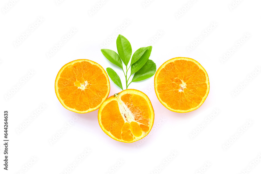 Orange fruit with green leaves on white background. Orange fruit with green leaves on white background.