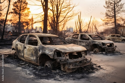 Completely burned out cars after natural disaster.